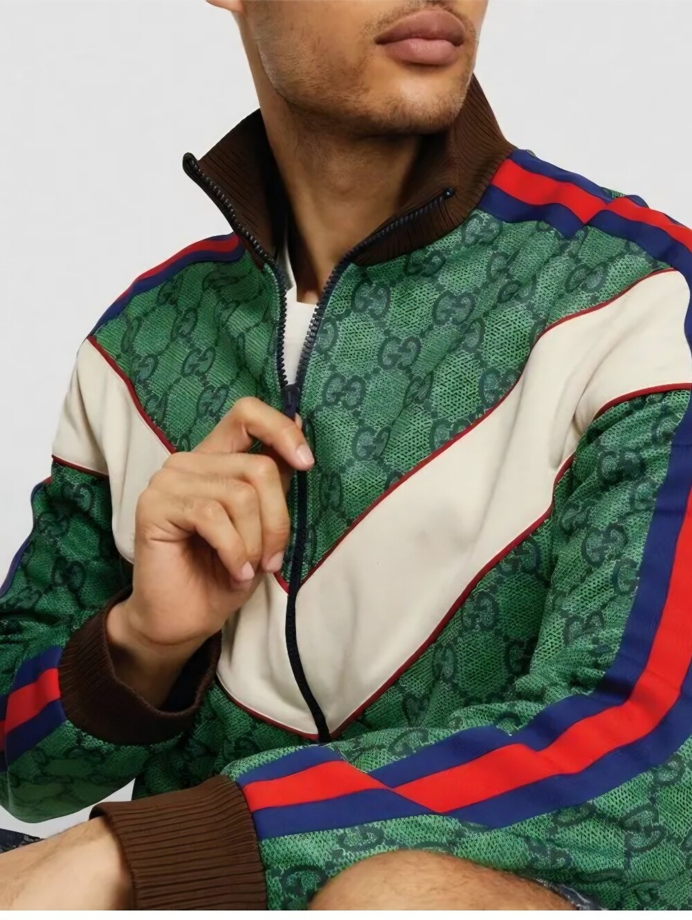 Gucci Teal GG Monogram Varsity Jacket with Cream Chevron and Red Trim